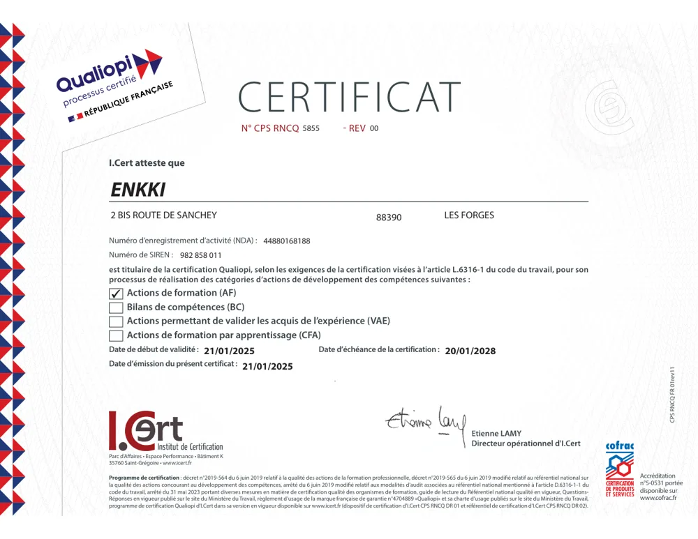 Certificat Qualiopi d’ENKKI délivré par I.Cert